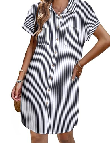 Zeagoo Ladies Dresses Stripe Print Dress Cotton Linen Shirt Dress A-Line Swing Dress Button Down V-Neck Mini Dress Work Dress with Pockets,S | Amazon (US)