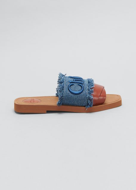 Chloe Woody Logo Flat Denim Sandals | Bergdorf Goodman