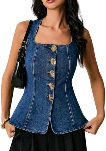 EZAPINE Women's Metal Button Front Denim Tank Top Sleeveless Square Neck Slim Fit Jean Vest | Amazon (US)
