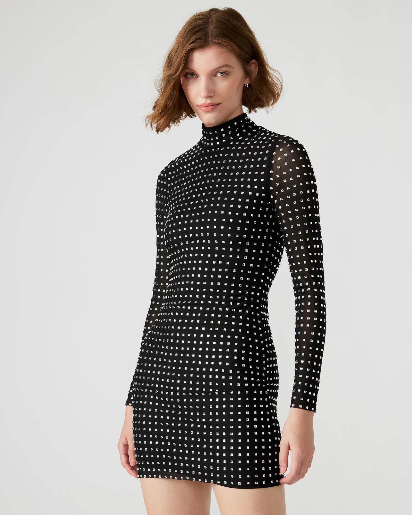 KRISTA Black Women's Long-Sleeved Bodycon Rhinestone Mini Dress | Steve Madden (US)