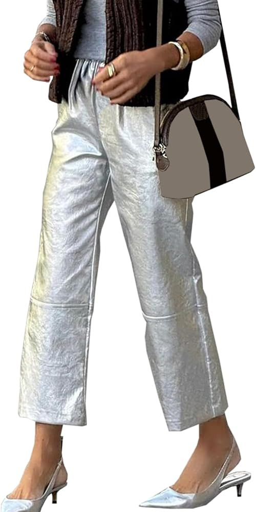 Women Long Pants Casual Straight-Leg Metallic Trousers Loose Stretchy Waist Business Office Pants... | Amazon (US)