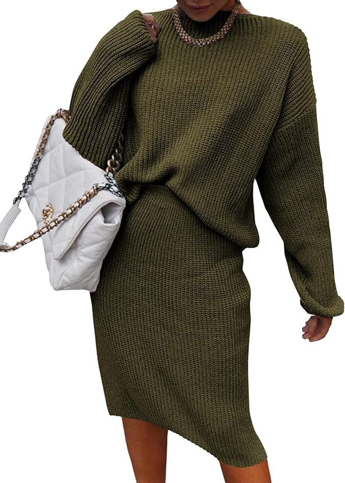 BTFBM Women's 2 Piece Skirts Outfits Long Sleeve Knit Pullover Split Bodycon Midi Skirt Fall Wint... | Amazon (US)