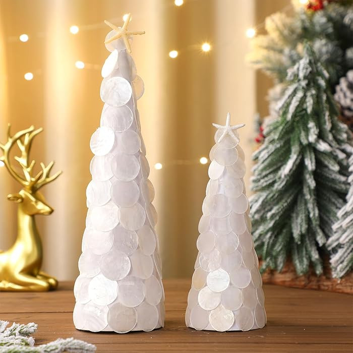 2 Pack Capiz Shell Christmas Tree Table Decoration 8" 12" White Coastal Christmas Tree Table Cent... | Amazon (US)