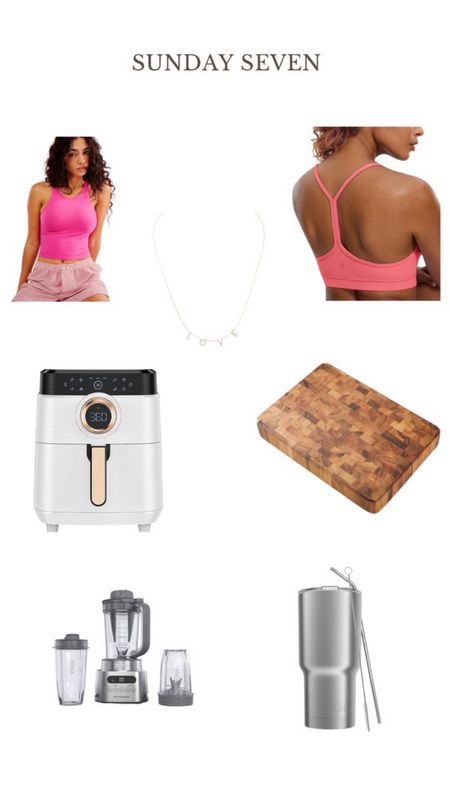 Here are seven things I’ve been loving lately!
-This pink clean lines cami! I have it in a few colors and I love them all.
-This LOVE necklace.
-This sports bra from Amazon.
-My Air Fryer!
-My favorite Crate and Barrel cutting board.
-My Ninja Twisti Blender
-A stainless steel blender is a MUST for the shake.

#LTKfindsunder50 #LTKhome #LTKfindsunder100