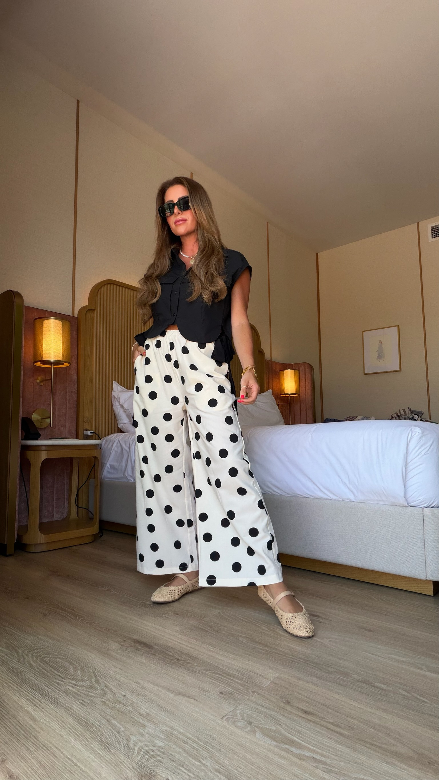 summer polka dot outfit, black and white look, chic vacation style, casual resort outfit, European summer outfit, wide leg pants, resort wear, summer neutrals, brunch outfit, vacation outfit 

 #LTKootd #LTKPetite
