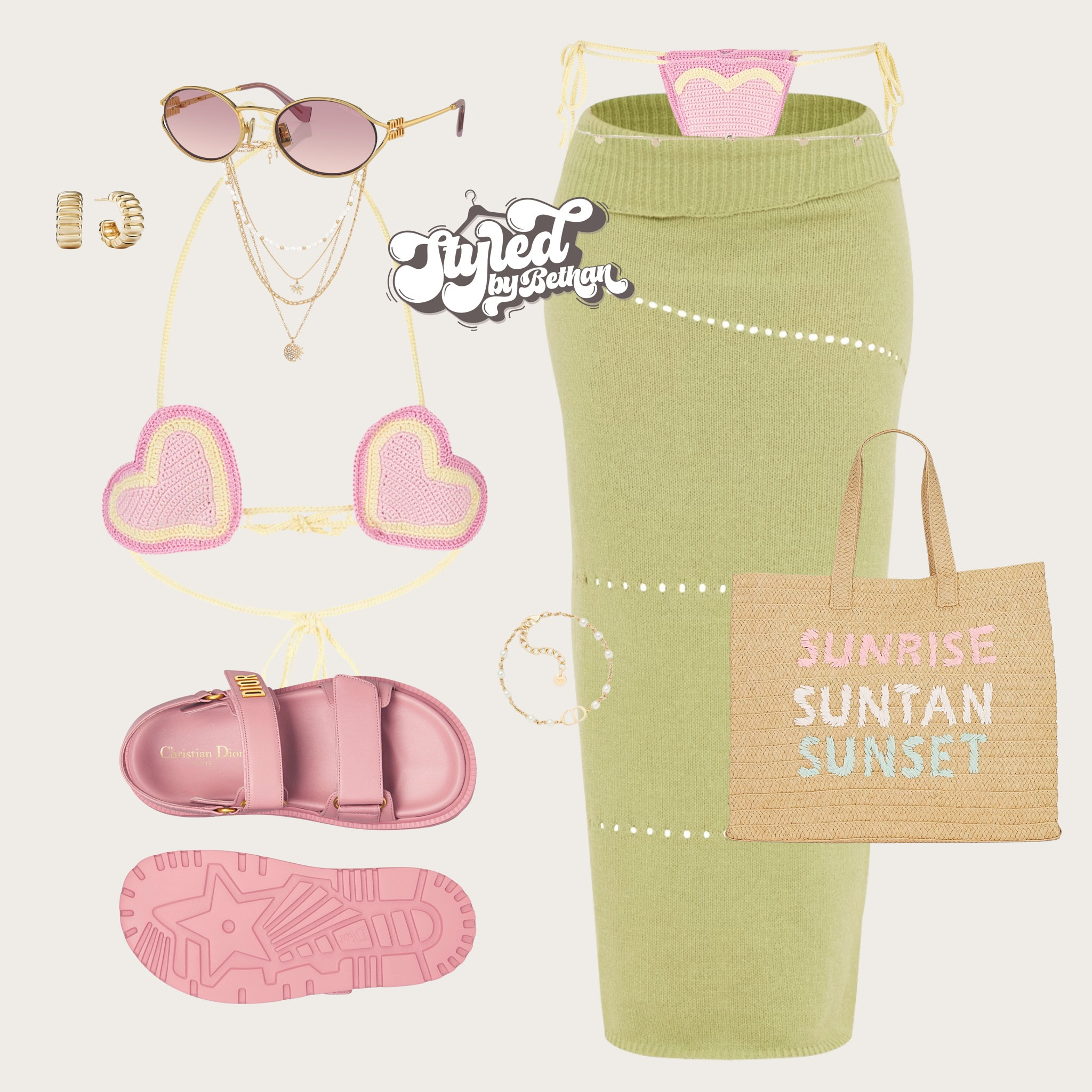 Sunrise suntan sunset 🌅🌸💗 tags: pretty little thing sage green maxi knitted roll over skirt, Dior pink leather sandals, the Jackson beach bag, miu miu pink sunglasses, mejuri gold earrings, Dior gold bracelet, revolve gold layered necklace, crochet pink and yellow bikini. Ibiza outfit inspiration, swimwear, pool day, beach club outfit inspo for summer. 

#LTKswimwear #LTKeurope #LTKsummer