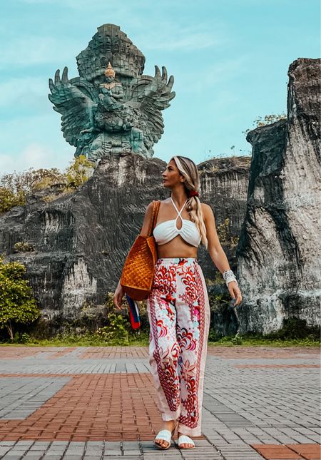 Summer look. Beach style. Vacation outfit. White bikini top. Cop top. White crop top. print pants. Pattern.  Tropical pants. Wide leg pants. Caramel shoulder bag. White shoes. 
#fashioninspiration #stylingideas  #tropical #pattern #croptop #summerlook #tropicalstyle

#LTKfit #LTKstyletip