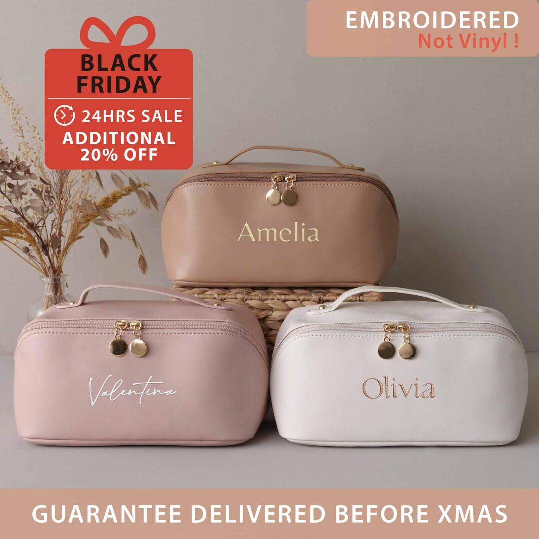 Leather Embroidered Makeup Bag, Large Capacity Cosmetic Bag, Christmas Gift Women, Bridesmaid Gif... | Etsy (US)