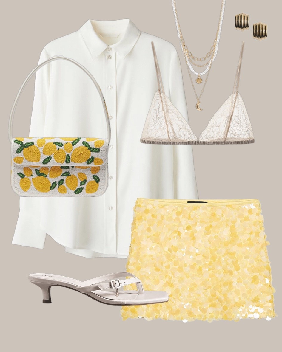 Outfit forecast: 100% chance of compliments 🍋

A clothing and accessories flatlay featuring a stylish outfit for holuday, brunch, going out out. The ensemble includes a white button-down shirt, a lemon-yellow sequin mini skirt, thong kitten-heel sandals with silver buckle and charm, a beaded handbag adorned with lemon and leaf motifs, thick gold ripple-textured stud earrings, layered gold necklaces with moon and star pendants, and a delicate lace bralette. The overall vibe is light, fresh, elegant, and perfect for a Mediterranean getaway. Flatlay fashion, Summer flatlay, Lemon fashion, Yellow skirt outfit, Beaded bag, Citrus accessories, Holiday flatlay, Outfit planning, Mediterranean chic, Vacation style, Sequin mini skirt, White button-down, Summer outfit inspo, Travel fashion, Resort outfit, Flatlay inspiration, Gold jewelry flatlay, Thong sandals, Kitten heels, Summer neutrals, Flatlay styling, Instagram flatlay, Packing inspo, Luxe travel outfit, European summer, Fashion aesthetic, Flatlay bag shot, Statement earrings, Moon star necklace, Outfit of the day flatlay, Fashion content, Vacation edit, Lemon-themed outfit, Beach holiday look, Santorini outfit, Positano style, Riviera fashion, Stylish accessories, Instagram-worthy outfit, Warm weather wardrobe, Curated closet

#LTKeurope #LTKuk #LTKsummer