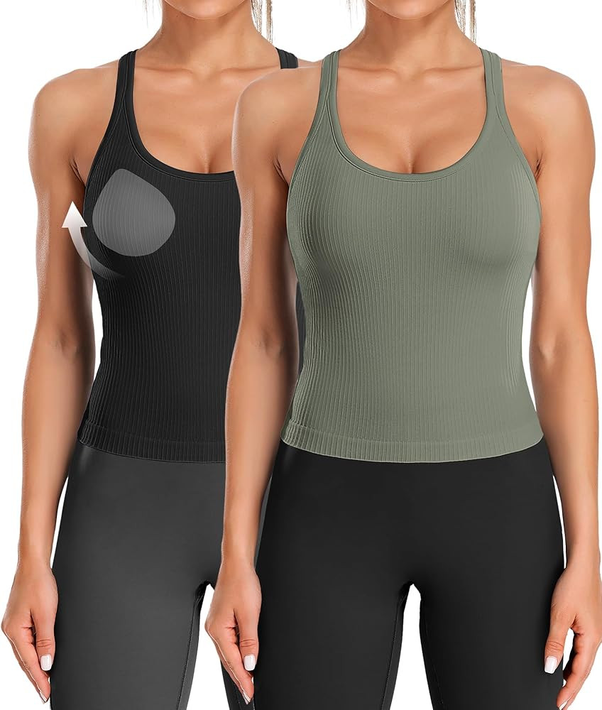 ATTRACO Women Ribbed Workout Crop Tops with Built in Bra Yoga Racerback Tank Top Tight Fit | Amazon (US)
