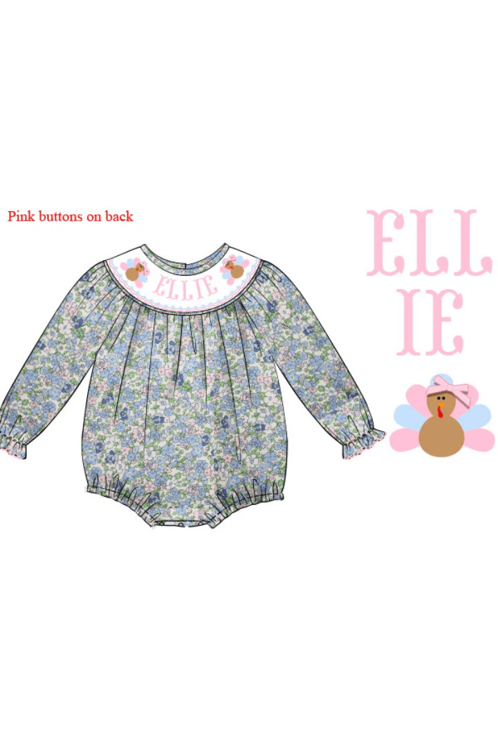 Pre-Order Custom Name Turkey Floral Long Sleeve Bubble | The Smocked Flamingo