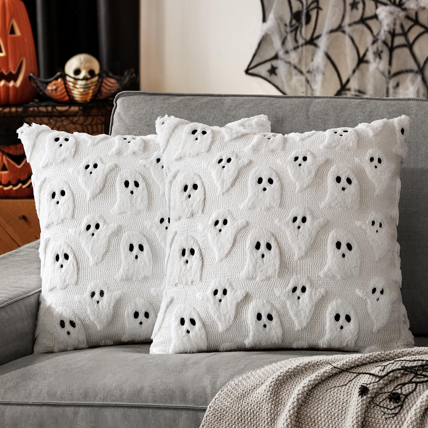 MIULEE Set of 2 Halloween Decorative Pillow Covers Ghost Throw Pillows Plush Faux Fur Couch Cover... | Amazon (CA)