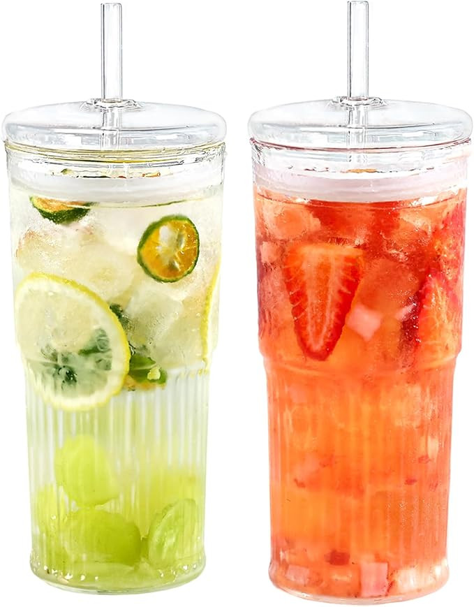 Puraville 20oz Glass Cups with Lids and Straws, 2 Pack High Borosilicate Iced Coffee Cups Drinkin... | Amazon (US)