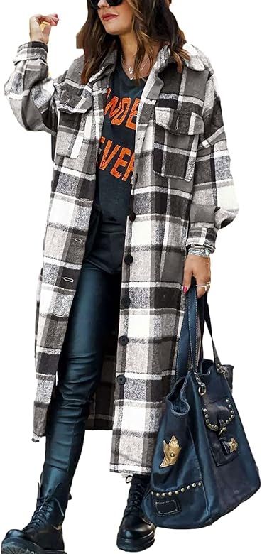 Ainangua Women's Casual Wool Blend Long Plaid Shirt Jacket Button Down Pocketed Shirt Shacket | Amazon (US)