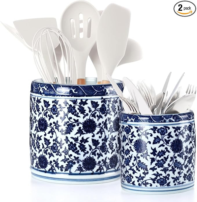 SiliFine 2 Pcs Utensil Holder for Kitchen Countertop, Blue Floral Ceramic Utensil Holder Chinoise... | Amazon (US)