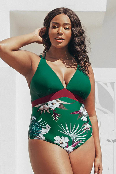 Green and Floral Plus Size One Piece Swimsuit | Cupshe