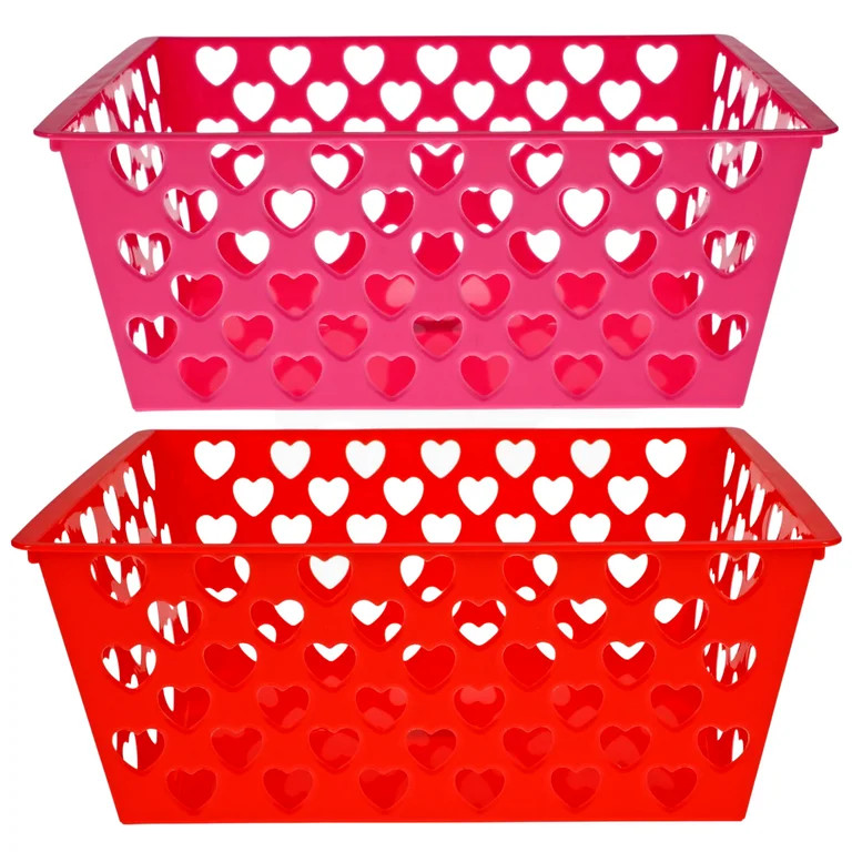 Rectangular Valentines Day Heart Baskets Red Pink Multi-Use Plastic Bin with Built-in Handles for... | Walmart (US)