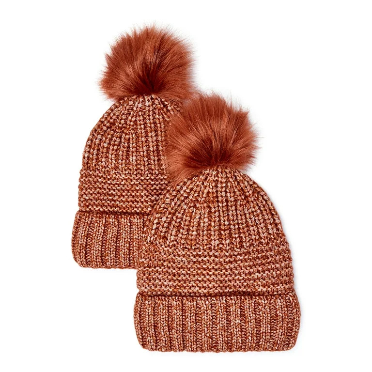 Time and Tru Adult Women's Knit Hat with Pom Pom, 2-Pack - Walmart.com | Walmart (US)