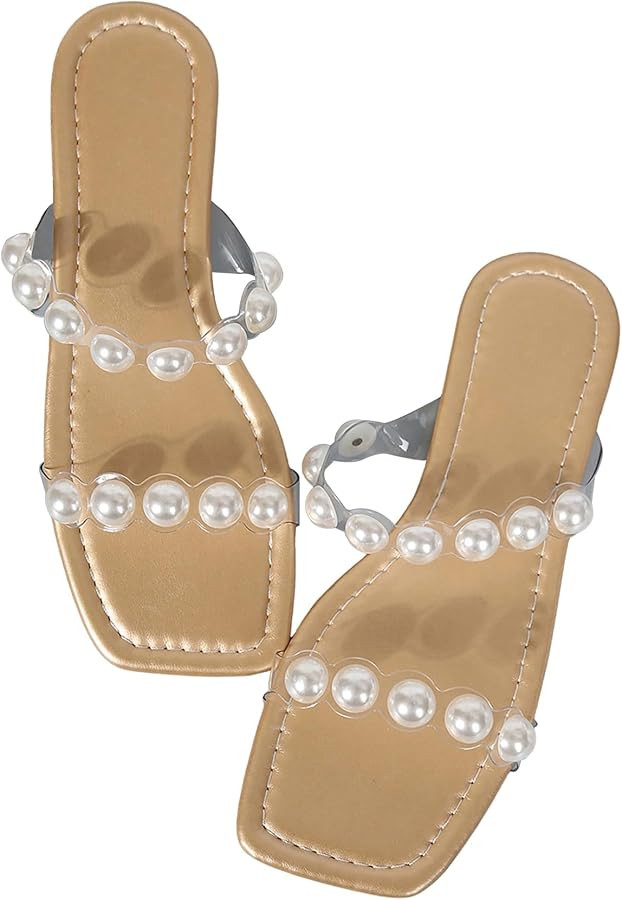 GORGLITTER Women's Pearl Clear Sandals Two Strap Summer Square Toe Slides Sandals | Amazon (US)