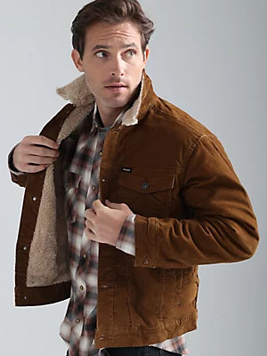 Men's Wrangler® Sherpa Lined Corduroy Trucker Jacket in Monks Robe | Wrangler