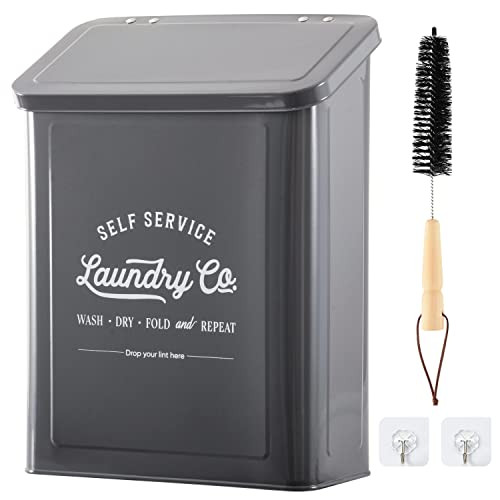 MONJITA Magnetic Lint Bin for Laundry Room, Wall Mounted Lint Trash can with lid for Dryer, Farmhouse Laundry Co Sign, Laundry Room Organization and Storage Decor with Dryer Lint Brush(Grey) | Amazon (US)