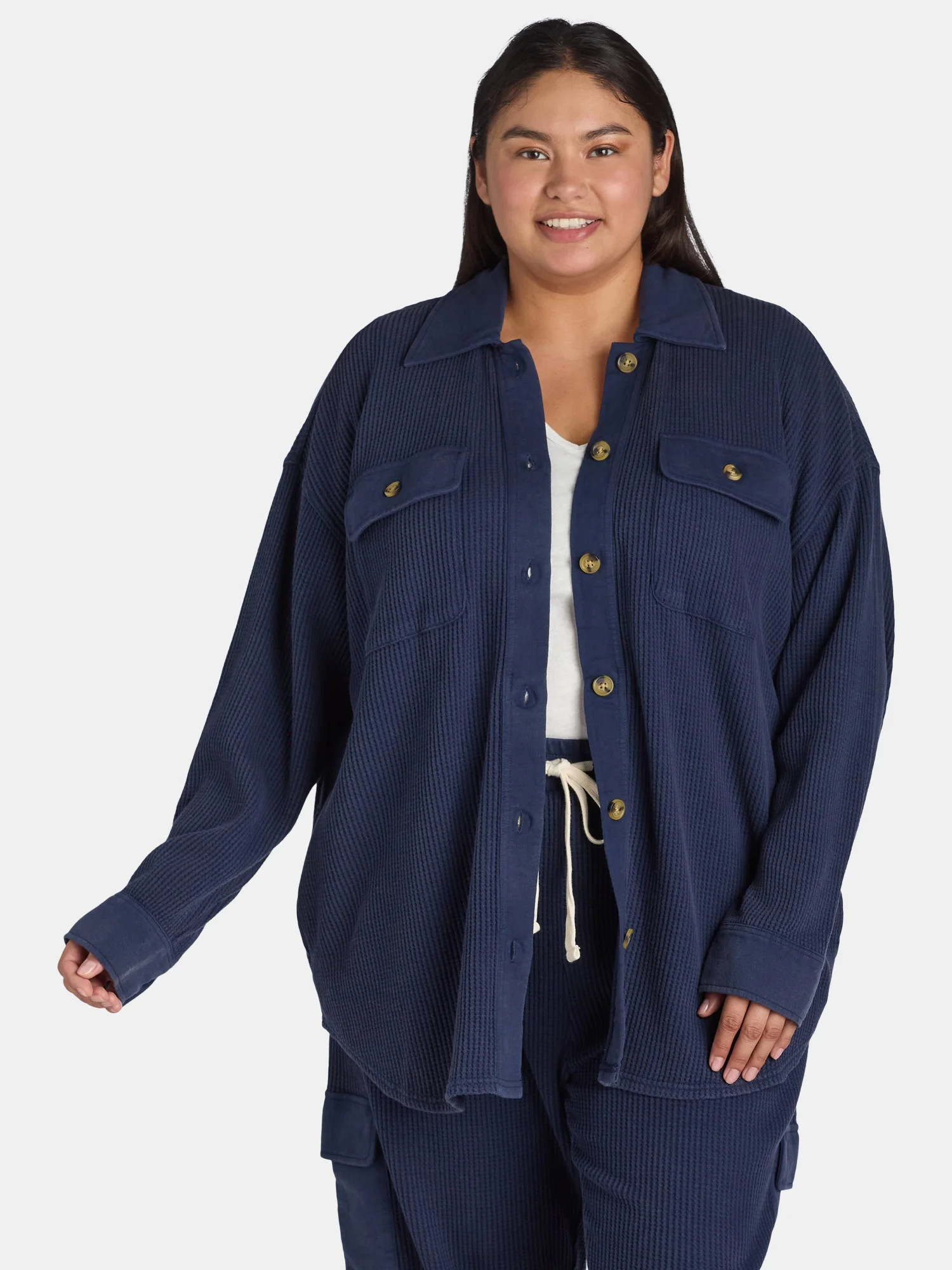 Terra & Sky Women's Plus Size Button Down Waffle Knit Shacket, 0X-4X | Walmart (US)
