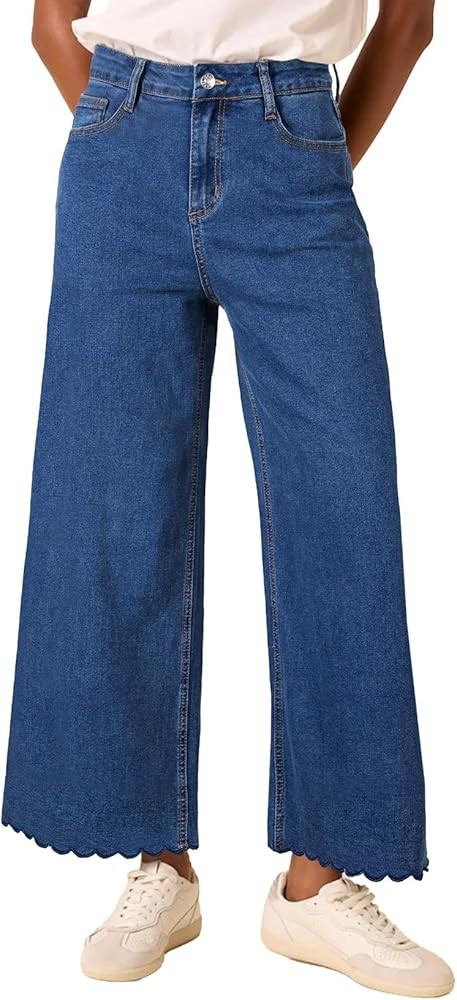 Astylish Womens High Waisted Jeans Stretchy Wide Straight Leg Loose Trendy Scalloped Hem Denim Pa... | Amazon (US)