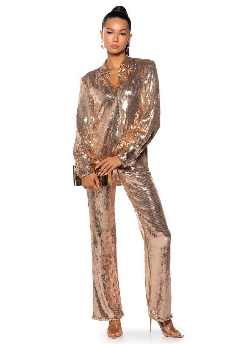 DISCO FEVER SEQUIN EMBELLISHED HIGH WAIST FLARE PANT IN GOLD | AKIRA