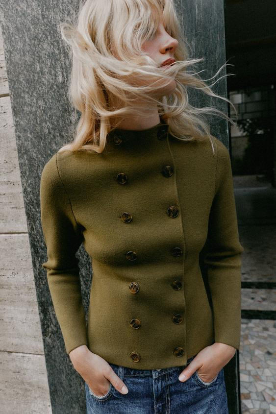 Zara - Double-Breasted Knit Jacket - Mid Khaki - M - Woman | Zara US