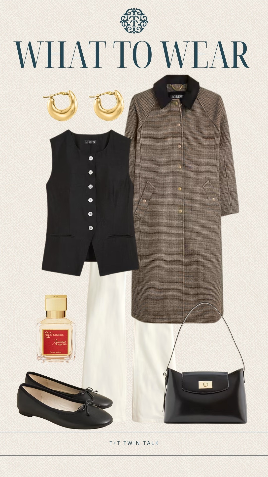 What to wear! We are loving the plaid trench coat from J.Crew. We paired it with white pants and a button down sleepless top. For accessories we added gold earrings, a black leather purse, and a spritz of perfume! 

#LTKItBag #LTKOver40 #LTKStyleTip
