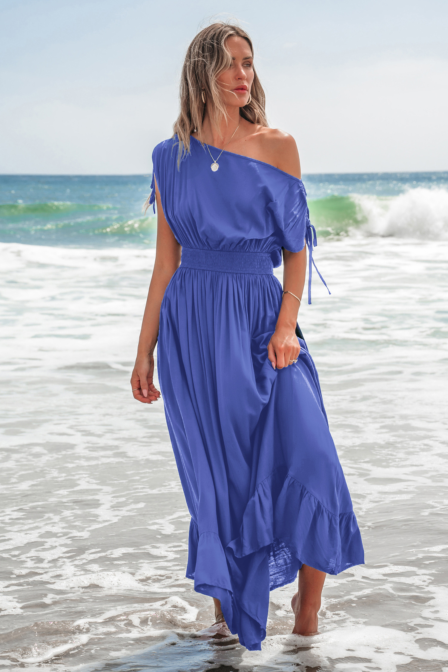 NewLight Blue Off-Shoulder Smocked Waist Maxi Dress | Cupshe US