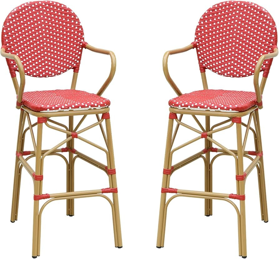Outdoor Bar Stools Set of 2 Rattan 30" Bar Height Stools Metal Modern Bar stools with Back Bamboo... | Amazon (US)