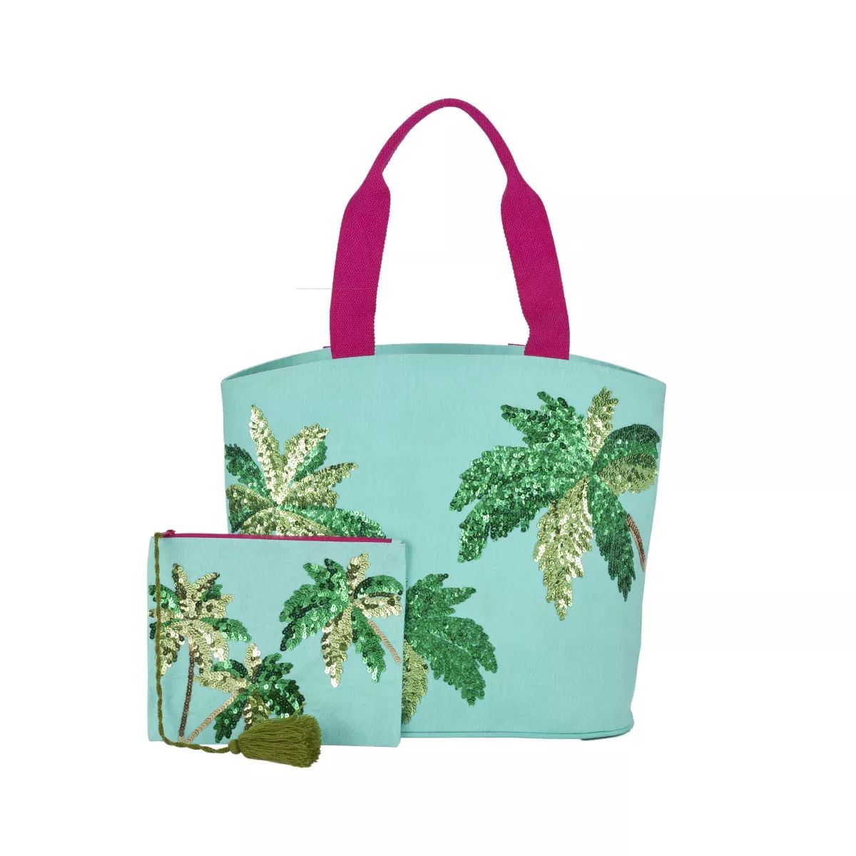 Mina Victory Sequin Palm Trees 22" x 15" x 6" Beach Bag with Matching Clutch Turquoise | Target