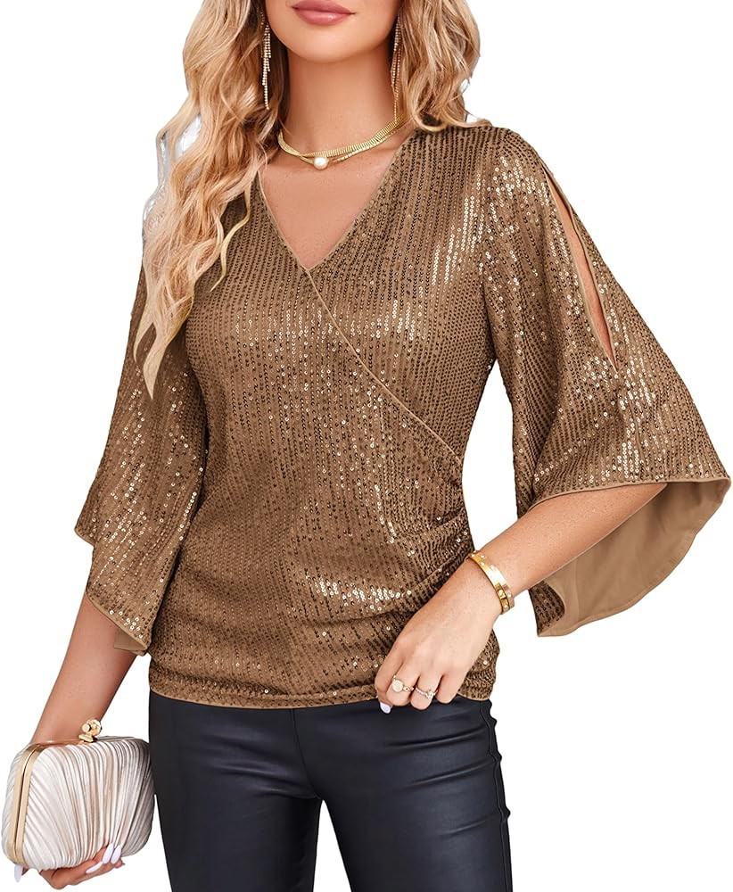 GRACE KARIN Womens Sparkly Sequin Tops,3/4 Sleeve Glitter Party Dressy Blouse,V-Neck Disco Evenin... | Amazon (US)
