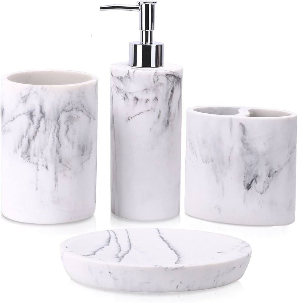 ZCCZ Bathroom Accessory Set, 4 Pcs Marble Look Bathroom Vanity Countertop Accessory Set Bathroom ... | Amazon (US)