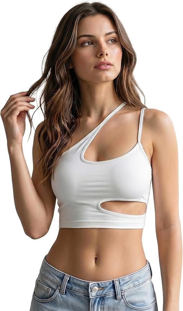 Women\u2019s One Shoulder Sports Bra Asymmetrical Crop Top with Cutout Detail, Sexy Workout Top f... | Amazon (US)