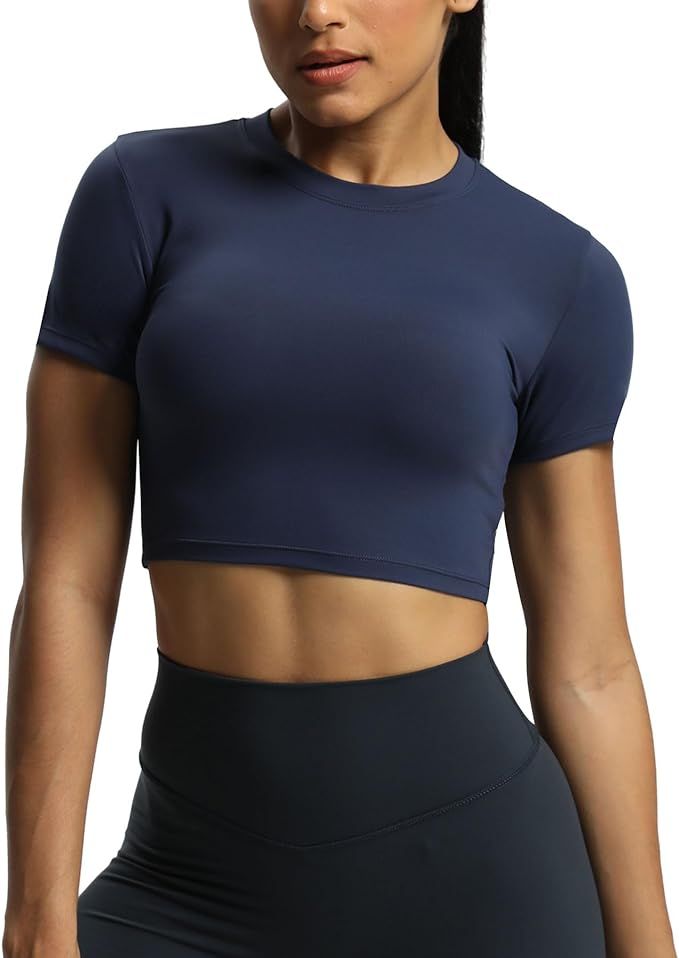 Aoxjox Short Sleeve Crop Tops for Women Classic Longline Workout Crop T Shirt Top | Amazon (US)