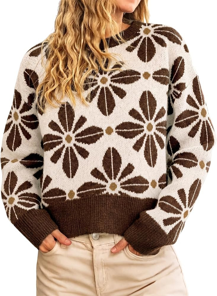 Cicy Bell Womens Long Sleeve Floral Sweater Crew Neck Pullover Knit Tops | Amazon (US)