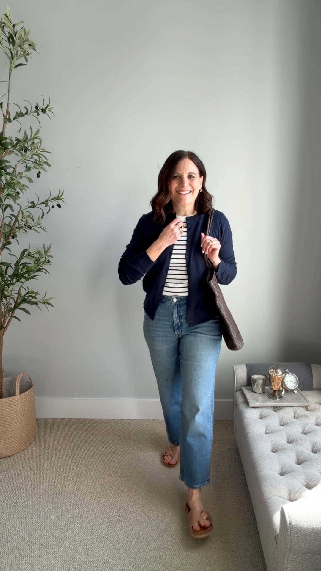 Spring jeans capsule wardrobe outfit fit notes: tee fits small, sized up to a M. Cardigan fits small, sized up to large for easy layering. Curvy midrise straight jeans fit true to size (tts), slides fit tts. 

#LTKMidsize #LTKSaleAlert #LTKOver40