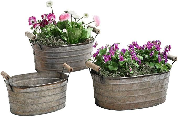 Metal Planter Tubs with Wooden Handles Galvanized Buckets, Set of Three (Small - 6.7" W x 4.7" D ... | Amazon (US)