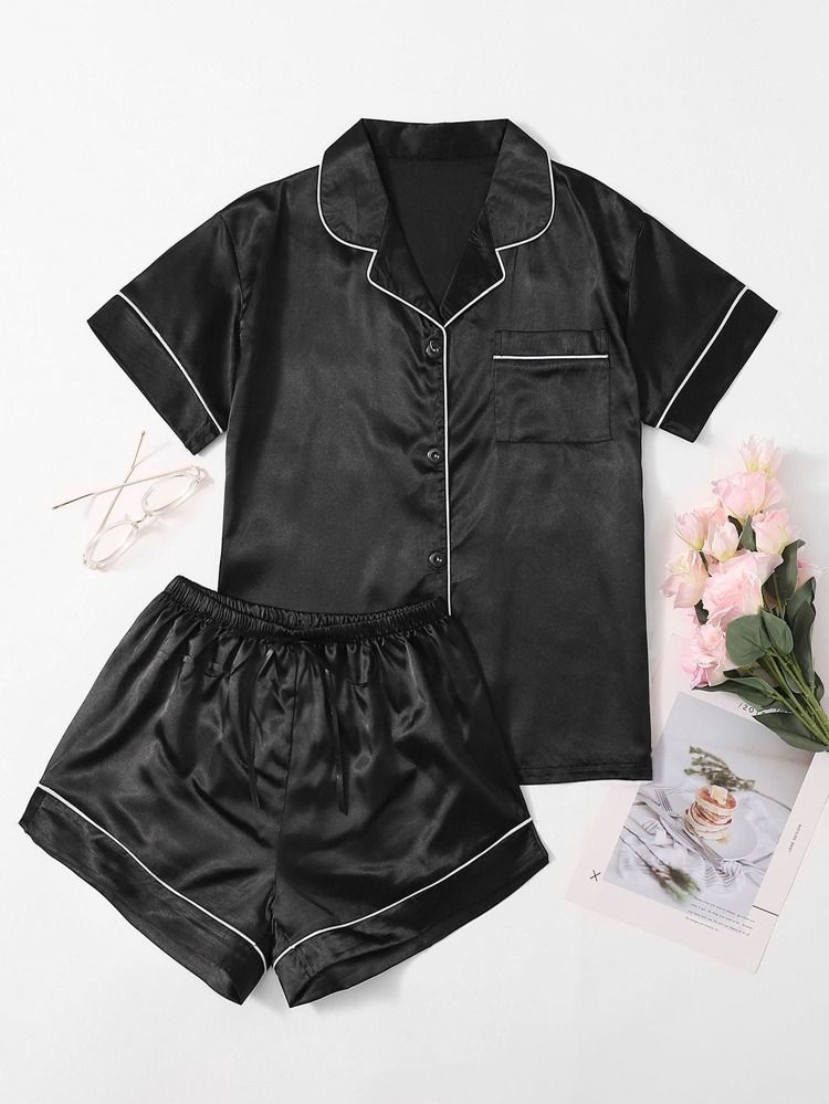 Contrast Binding Button Front Satin PJ Set | SHEIN