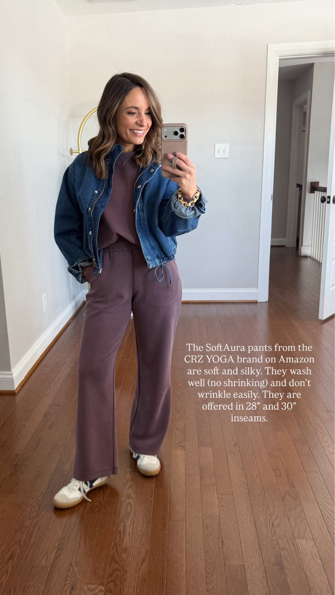 Another sweatpants style set with a silky feel (not fleecy). These are  medium weight. 

Pants: xs 28” inseam
Top: xs - runs a little large
Jacket: xxs

#LTKPetite