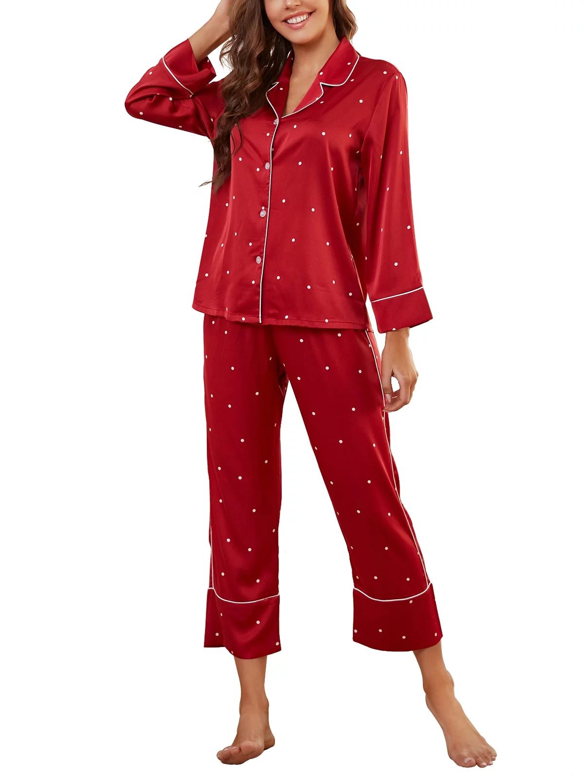 Womens Silk Satin Pajama Set Long Sleeve Notch Collar Loungewear Two Piece Sleepwear Button Down ... | Walmart (US)