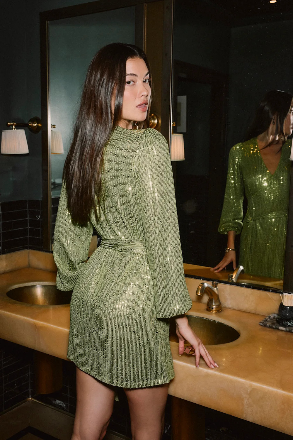 Sparkly Darling Chartreuse Sequin Long Sleeve Wrap Dress | Lulus