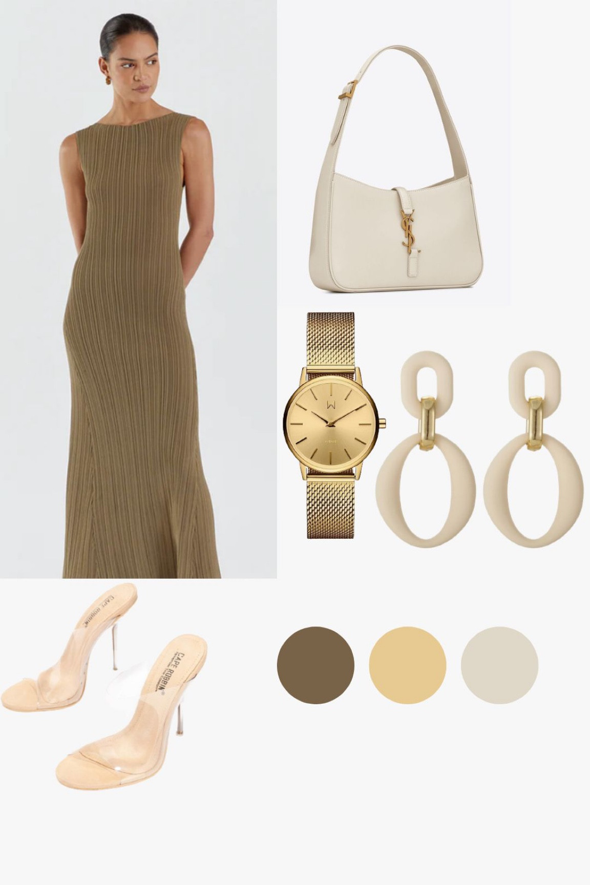 Dissh dress, white and gold earrings, gold watch, tan heels, Yves Saint Laurant, white handbag, olive green dress, Ivy Khaki S/Less midi dress

#LTKstyletip #LTKSeasonal #LTKFind