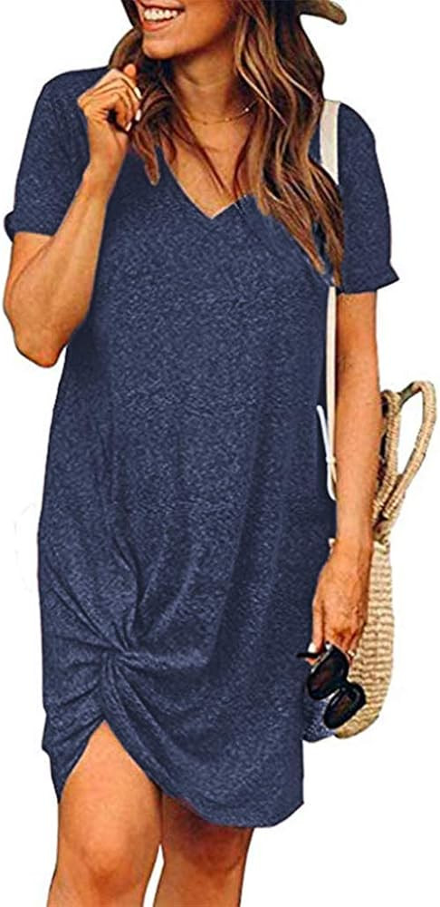 Locryz Women's Summer Twist Knot Tshirt Dresses Casual V Neck Short Sleeve Knot Dress | Amazon (US)