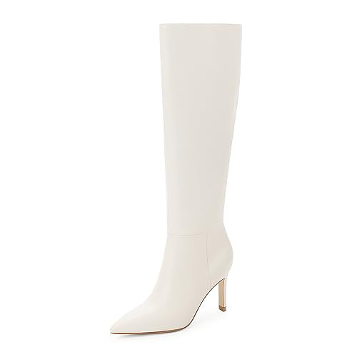 Easyfox White Boots for Women Knee High Boots Pointed Toe Long White Boots Stiletto High Heel Tall White Boots for Women Side Zipper Size 6.5 | Amazon (US)