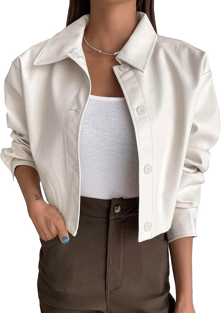 MakeMeChic Women's Cropped Faux Leather Jacket Lapel Button Down Oversized Crop Jacket PU Leather... | Amazon (US)