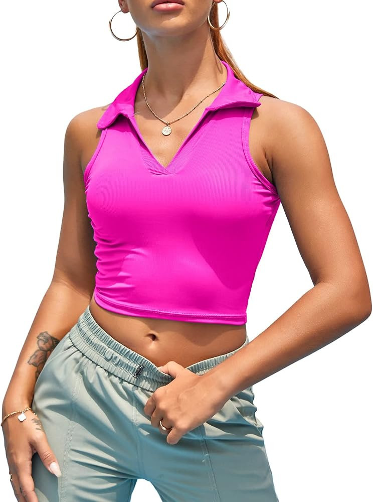 Women Workout Crop Top Built in Bra Ribbed Athletic Tank Tops Casual Sleeveless Collar Shirts Pad... | Amazon (US)