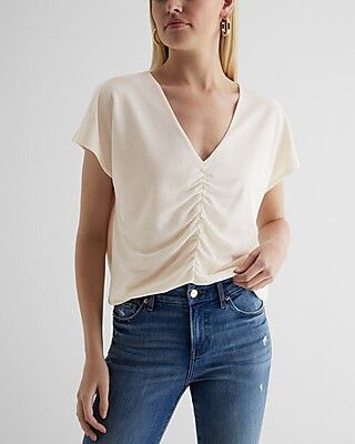 Relaxed V-Neck Ruched Tee | Express